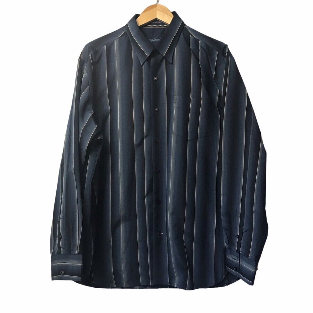 TOMMY BAHAMA Size XL 100% Silk Long Sleeve Button‎ Front Shirt Blue Vert Stripe